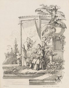 Çocukları ve Hizmetçileri Oturan Kadın, ca. 1738-45. by Gabriel Huquier