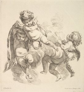 Perde Taşıyan Bulutlar Arasında Üç Çocuk, 1738-45. by Gabriel Huquier