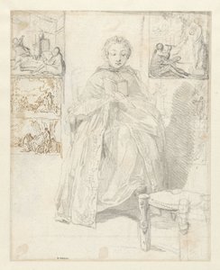 Bir okuma kadın ve bazı eskizler ile çalışma sayfası by Gabriel Jacques de Saint Aubin