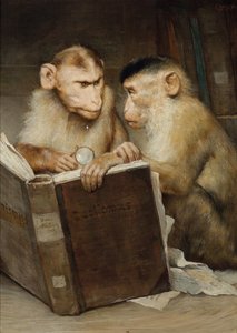 "Les savants" (Bilim adamları) Açık bir kitap tutan iki maymun - Resim Gabriel Cornelius Ritter von Max (1840-1915) Özel koleksiyon