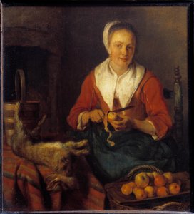 Elma kabuğu. Bir kadın tavşanla yemek pişirmek için elmaları soyuyor. Gabriel Metsu (1629-1667) Ec. Bekle.