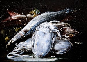 Kalamar, Kefal ve Barbun bir Taş Çıkıntıya Dayanıyor (tuval üzerine yağlı boya) by Gaetano Cusati