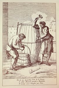 Coopers iş başında, Venedik, İtalya şehrinde gündelik hayatın sanatlarından Gaetano Gherardo Zompini (1700-1778) tarafından gravür by Gaetano Zompini