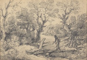 Bir yaya köprüsü üzerinde figür bulunan manzara by Gainsborough Dupont