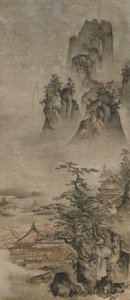 Manzara: dağlar, dere ve evler, Muromachi dönemi, 16. yüzyılın başları. by Gakuo Zokyu