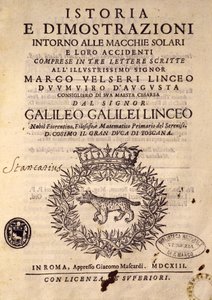 Güneş lekeleri ve özellikleri ile ilgili Tarih ve gösterilerin başlık sayfası by Galileo Galilei