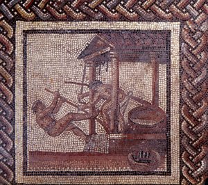 Gallo Roman Art: rustik bir takvimi temsil eden mozaik döşeme. Bir yağ presi. JC