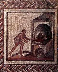 Gallo Roman Art: rustik bir takvimi temsil eden mozaik döşeme. Ekmek yapma sahnesi. JC