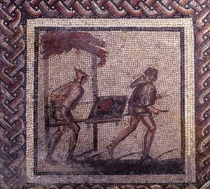 Gallo Roman Art: rustik bir takvimi temsil eden mozaik döşeme. Gübre taşıma sahnesi. JC
