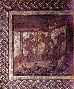 Gallo Roman Art: rustik bir takvimi temsil eden mozaik döşeme. Bir fıçıda üzümleri ezme sahnesi. JC