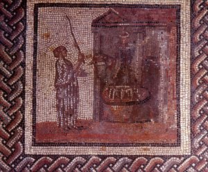 Gallo Roman Art: rustik bir takvimi temsil eden mozaik döşeme. İş, taşlama tekerleğine sahiptir. JC