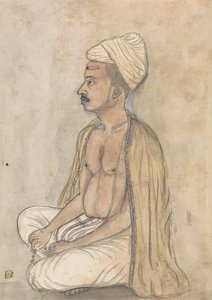 Bağdaş kurmuş oturan sarı şallı adam