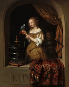 Papağanı Besleyen Kadın, Sayfalı, 1666. by Gaspar Netscher