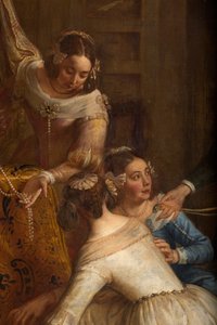 Bölge kilisesi (Eglise Saint-Brice). Paintin "İspanya Arşidükü Isabel, mücevherlerini Halle Saint-Martin Bazilikası