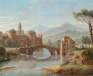 Müstahkem bir kasabaya giden bir köprü ile bir nehir manzarası (bakır üzerine yağlıboya) by Gaspar van (1653-1736) Wittel