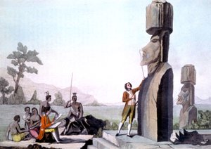La Perouse, ekibiyle birlikte, Paskalya Adası'ndaki Heykelleri ölçerken (1786), gravür by Gaspard (after) Duche de Vancy