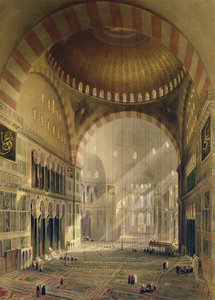Ayasofya, levha 24: Louis Haghe (1806-85) tarafından oyulmuş, alçaltılmış avizeli merkezi kubbenin içi, 1852