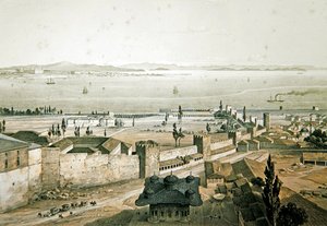 Konstantinopolis surlarının panoraması, Louis Haghe (1806-85) 1852 (renkli taş) tarafından oyulmuş 