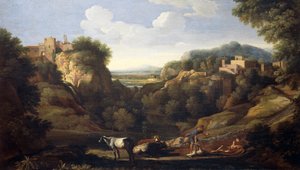 Gaspard Dughet (1615-1675) tarafından avlanma sahnesini gösteren İtalyan manzarası