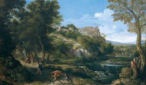 1667 - 1668, Gaspard Dughet (1615-1675) tarafından dans eden faun ve periyi gösteren manzara