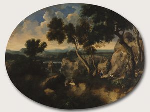 Avcılarla Kayalık Manzara, c.1635 by Gaspard Poussin Dughet