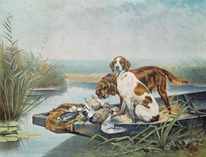Avcılık hediyelik eşyaları: “” köpekler ve oyun”” Jules ve Gaston Gelibert (19. yüzyıl) tarafından suluboya, Paris, dekoratif sanatlar