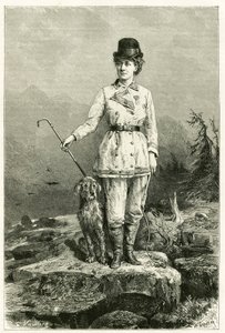 Etnolog dilbilimci ve kaşif Charles Eugene Ujfalvy (1842-1904) ile evli, köpeğiyle birlikte seyahat elbisesi içinde Madame Marie De Ujfalvy-Bourdon