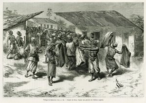 Bakourou köyü, yerli halka barış görüşmeleri için hediyeler sunuluyor. Dans les tenebres de l