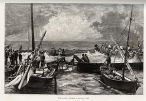 Ton balığı avı (mattanza): Ölüm odası, orkinos presleri dar bir alanda balıkçıların zıpkınlarıyla kapatılır. Gaston Vuillier (1845-1915), 1890
