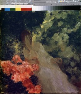 Bahçede. (Bahçede). Beyazlar içinde çaresiz görünen bir kadın yüzünü elinde saklıyor. Gaston de La Touche