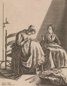 İki Kadın Dikiş, Beş Kadınsı Meslekten Levha 1, ca. 1640-57. by Geertruydt Roghman