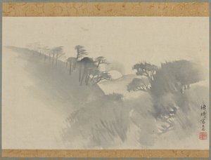 Tepe, ağaçlar ve ayın doğuşuyla birlikte manzara, Edo dönemi, 1747-1868. by Genki