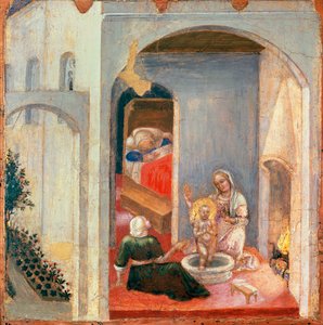 Aziz Nicholas'ın doğumu, Gentile da Fabriano'nun (1370-ca 1427) Quaratesi Polyptych Predella'sından panel, tempera on panel, 355 x 36 cm by Gentile da Fabriano