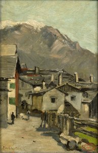 Bir dağın yakınında bir yol boyunca evler (Innsbruck?) by Geo Poggenbeek