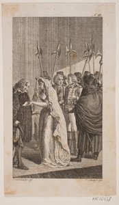 Yaşlı bir adama mektup veren genç bir bayanla illüstrasyon. Arka planda şehir muhafızları tarafından çevrili iki beyefendi by Georg Christian Schule