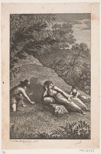 Bir manzarada erkek ve kızla yatan kadın by Georg Christian Schule