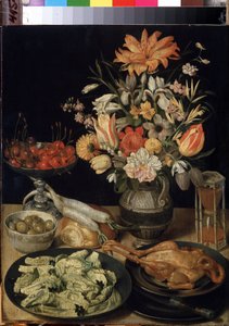 ""Çiçekler, tavuk, kum saati, zeytin, kiraz ve lahana ile natürmort"" (Çiçek ve atıştırmalık ile natürmort) Resim Georg Flegel (1566-1638) 1630-1635 Boyut 52,5x41 cm Hermitage Müzesi, Sankt Petersburg