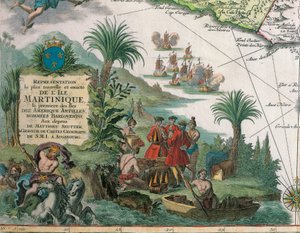 Matthieu Seutter tarafından oluşturulan Martinik Haritası, ayrıntılar: Tüccarlar ve Kızılderili Kızılderilileri by Georg Matthäus Seutter