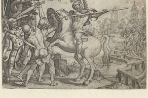 Horace Cocles, Tiber üzerindeki köprüyü koruyor Erken Roma Tarihinden Öyküler (dizi başlığı) by Georg Pencz