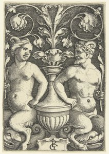 Kadın ve erkek satir Grotesk ve yaprak sarmaşıklarla yüzey süslemeleri (seri başlığı) by Georg Pencz
