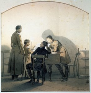 Piyanoda (Piyanoda). Kırım Savaşı sırasında piyano çalan Rus askerleri. George Wilhelm Timm