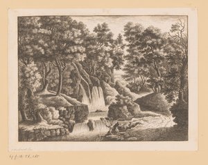 Ön planda iki balıkçı ile ormandaki şelale by Georg Wolfgang Knorr (possibly)