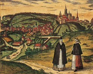 Çek Cumhuriyeti, Prag, Arka planda kale ile şehrin görünümü, Georg Braun (1541-1622) ve Franz Hogenberg (1535-1590) tarafından Civitates Orbis Terrarum