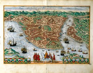 İtalya, Milano, Georg Braun (1541-1622) ve Franz Hogenberg (1535-1590), renkli gravür tarafından Konstantinopolis şehrinin perspektif görünümü by Georg Braun and Hogenberg Franz
