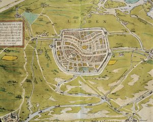 Hollanda, Leiden şehir ve bölge haritası Civitates Orbis Terrarum tarafından Georg Braun (1541-1622) ve Franz Hogenberg (1540-1590), Köln, gravür by Georg Braun and Hogenberg Franz