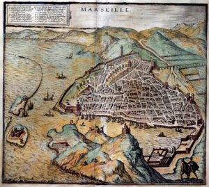 Sokak haritası ile Marsilya şehrinin görünümü. Atlas de Braun ve Hogenberg 1572 Marsilya