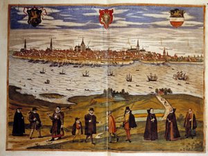 Almanya, Rostock şehrinin görünümü. “Braun ve Hogenberg” Atlası 1572