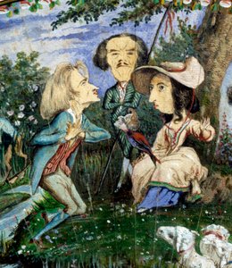 George Sand (Aurore Dupin, Baronne Dudevant) (1804-1876) ve Auguste Charpentier (1815-1880) tarafından guaj boya ile boyanmış karikatürlerin hayranı: Eugene Delacroix (ortada) ve Franz Liszt ile çevrili George Sand