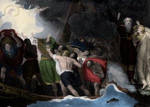 Prospero ve Miranda, sağda, denizciler batarken adada duruyorlar.