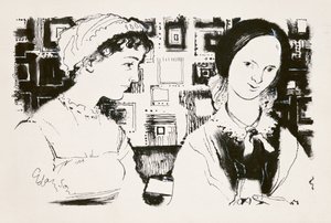 Jane Austen (1775-1817) ve Charlotte Bronte (1816-55) - hayali bir karşılaşma (gemide Hint mürekkebi) by George Adamson